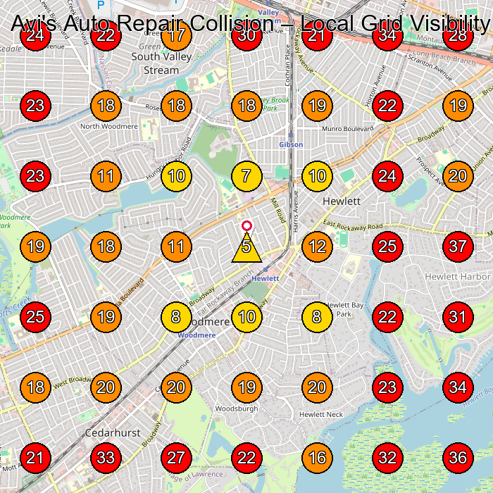 Avi's Auto Repair Collision GeoGrid visibility map for Auto Repair Shop in Hewlett
