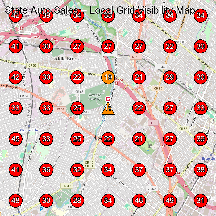 State Auto Sales GeoGrid visibility map for Used Car Dealer in Lodi