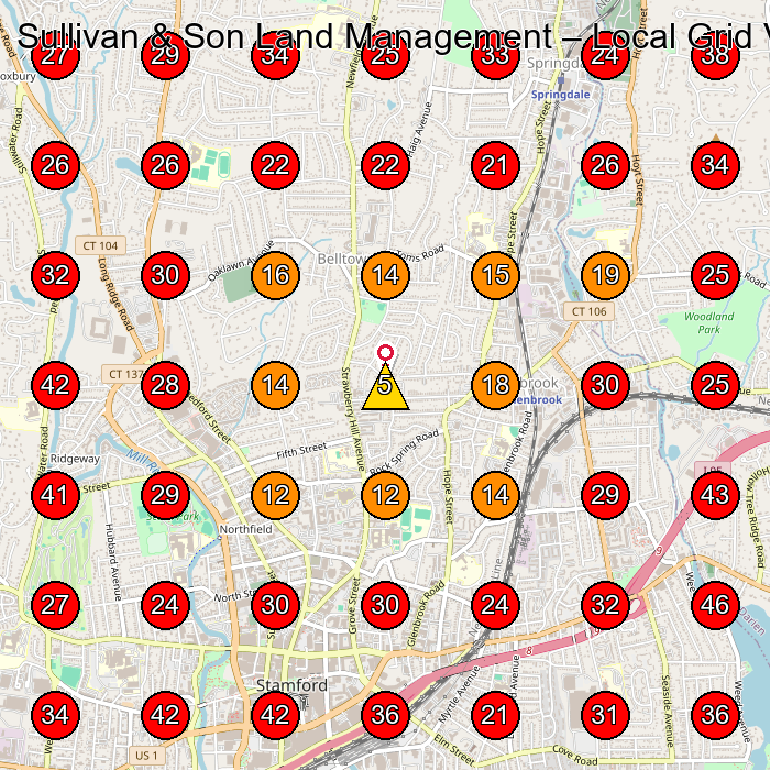 Sullivan & Son Land Management GeoGrid visibility map for Lawn Sprinkler System Contractor in Stamford