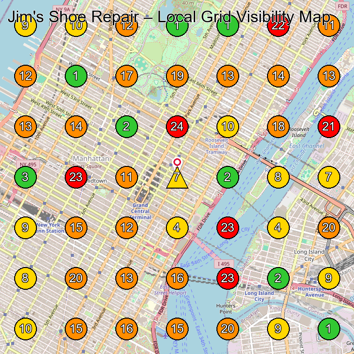 Jim's Shoe Repair Shoe Repair Shop GeoGrid ranking map for New York NY