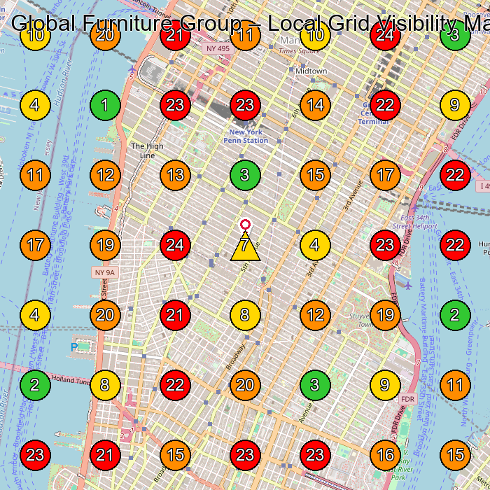 Global Furniture Group Office Furniture Store GeoGrid ranking map for New York NY