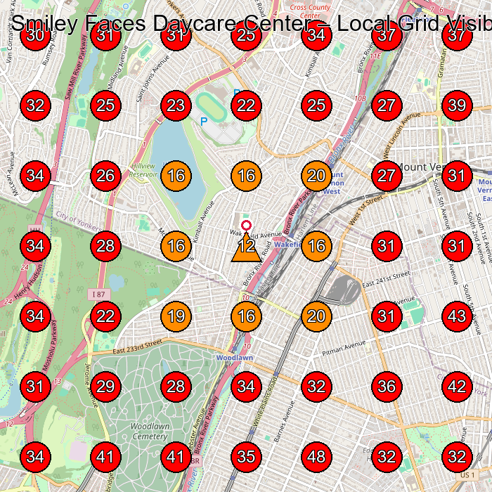 Smiley Faces Daycare Center GeoGrid visibility map for Day Care Center in Bronx