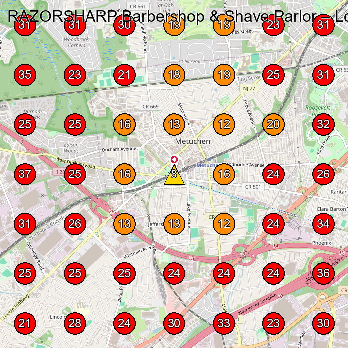 RAZORSHARP Barbershop & Shave Parlor GeoGrid visibility map for Barber Shop in Milltown