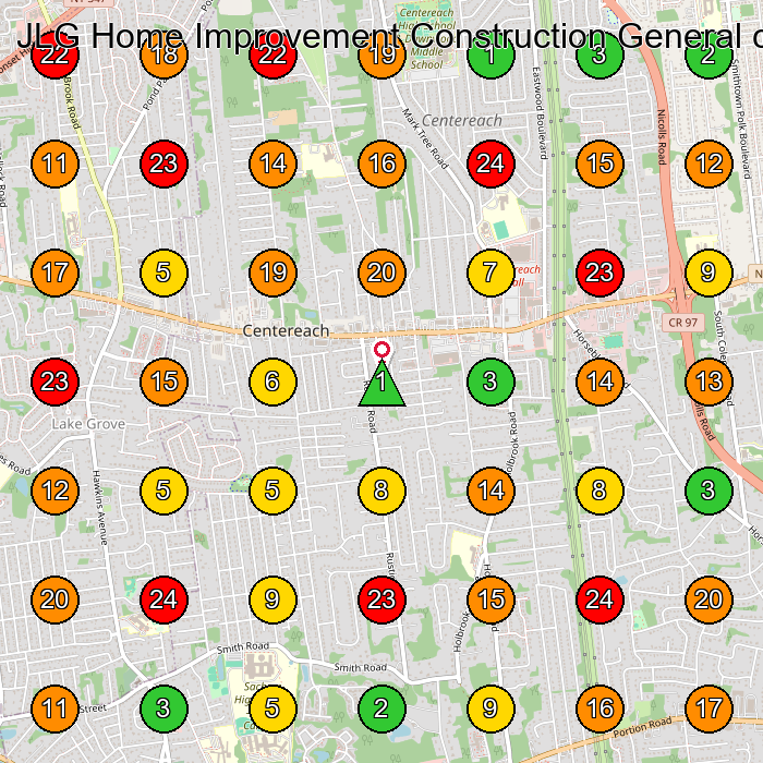 JLG Home Improvement Construction General contractor Home Improvement Store GeoGrid ranking map for Centereach NY