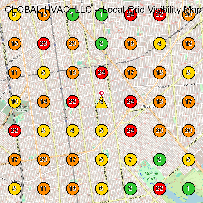GLOBAL HVAC, LLC Air Conditioning Contractor GeoGrid ranking map for Brooklyn NY
