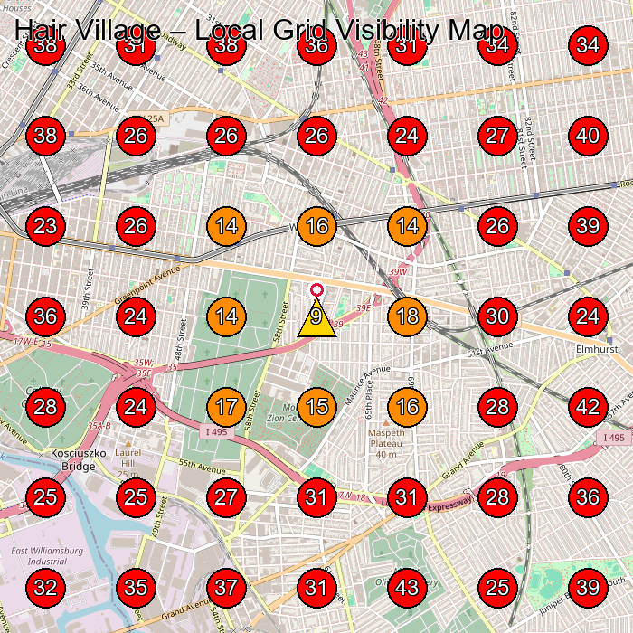 Hair Village GeoGrid visibility map for Beauty Salon in Queens