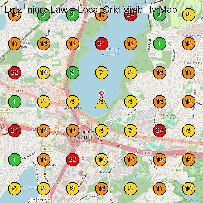Lutz Injury Law Personal Injury Attorney GeoGrid ranking map for Parsippany-Troy Hills NJ