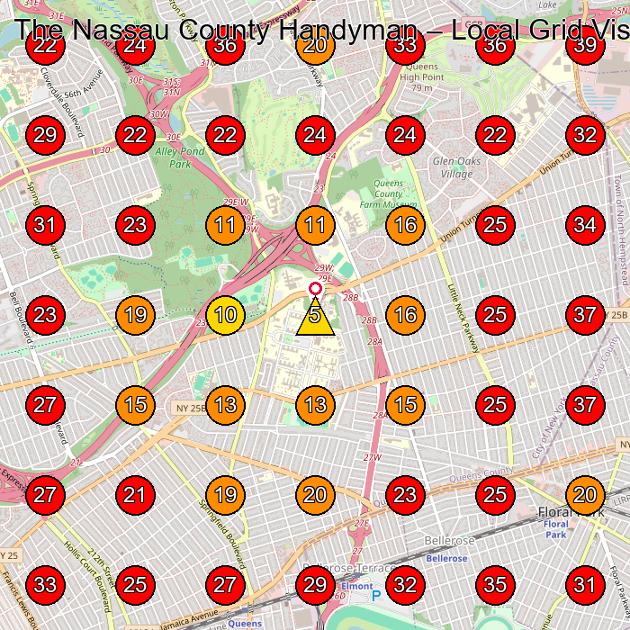 The Nassau County Handyman GeoGrid visibility map for Appliance Repair Service in Great Neck