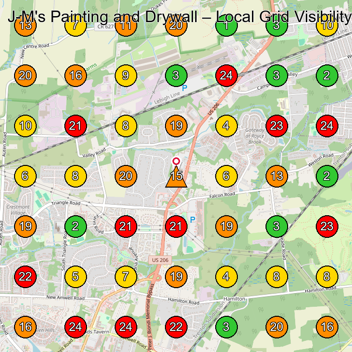 J-M's Painting and Drywall Dry Wall Contractor GeoGrid ranking map for Hillsborough Township NJ