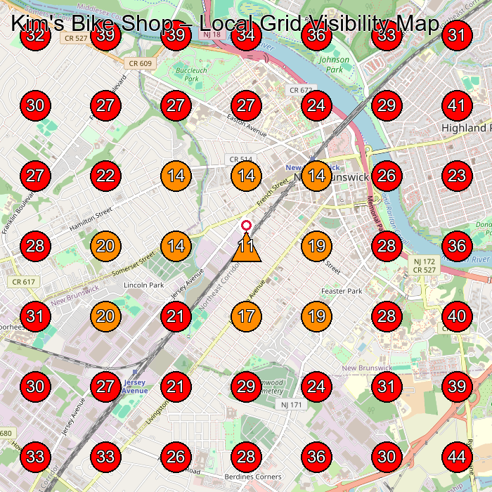Kim's Bike Shop GeoGrid visibility map for Bicycle Store in Highland Park