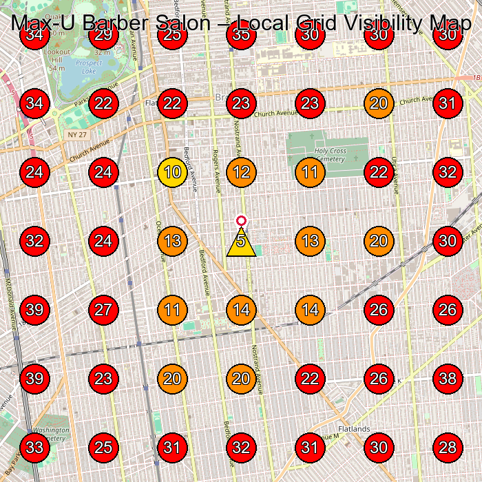 Max-U Barber Salon GeoGrid visibility map for Barber Shop in Brooklyn