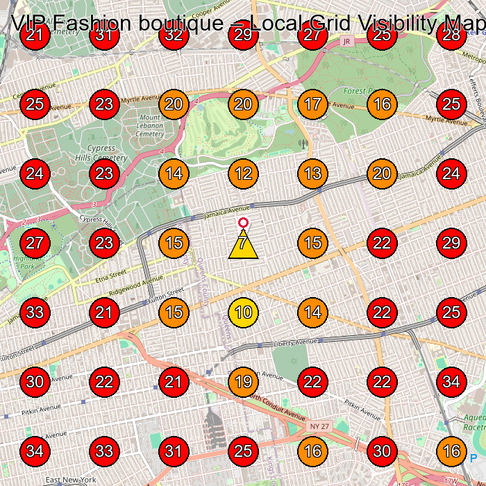 VIP Fashion boutique GeoGrid visibility map for Wedding Photographer in Woodhaven