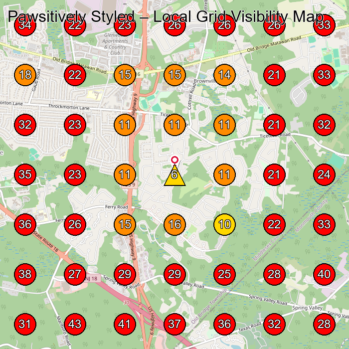 Pawsitively Styled GeoGrid visibility map for Pet Groomer in Matawan