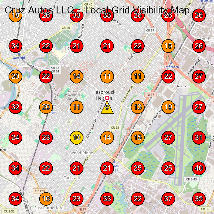 Cruz Autos LLC GeoGrid visibility map for Used Car Dealer in Hasbrouck Heights