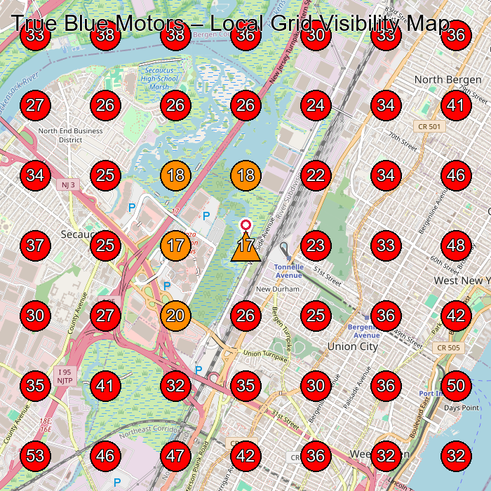 True Blue Motors GeoGrid visibility map for Used Car Dealer in North Bergen