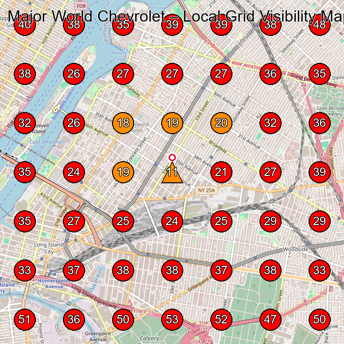 Major World Chevrolet GeoGrid visibility map for Car Dealer in Long Island City