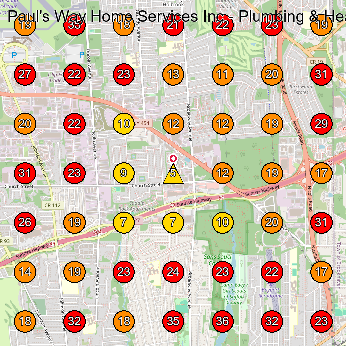 Paul's Way Home Services Inc - Plumbing & Heating GeoGrid visibility map for Plumber in Bohemia