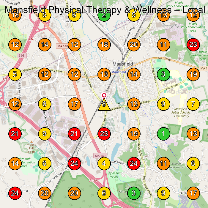 Mansfield Physical Therapy & Wellness Physical Therapy Clinic GeoGrid ranking map for Mansfield MA