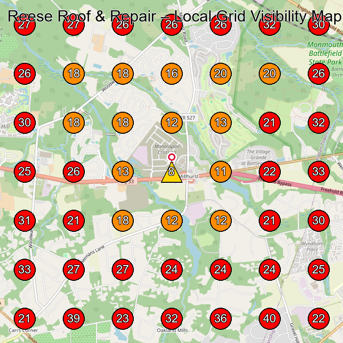 Reese Roof & Repair GeoGrid visibility map for Roofing Contractor in Freehold