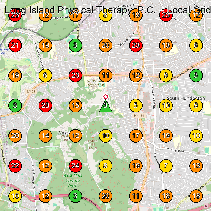 Long Island Physical Therapy, P.C. Physical Therapy Clinic GeoGrid ranking map for Huntington Station NY