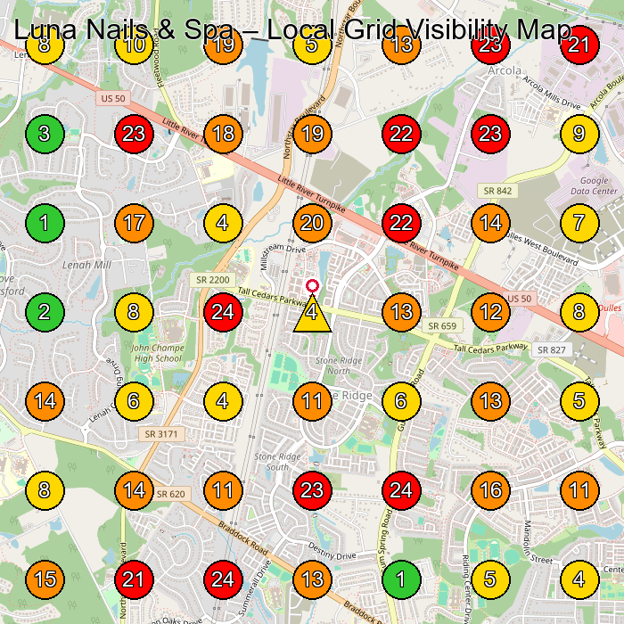 Luna Nails & Spa Nail Salon GeoGrid ranking map for Stone Ridge VA