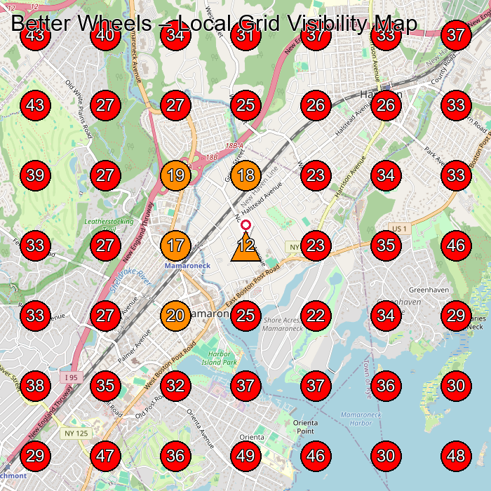 Better Wheels GeoGrid visibility map for Used Car Dealer in Port Chester
