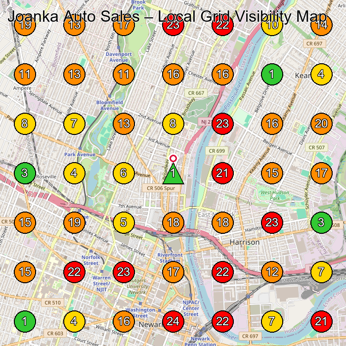Joanka Auto Sales Used Car Dealer GeoGrid ranking map for Newark NJ