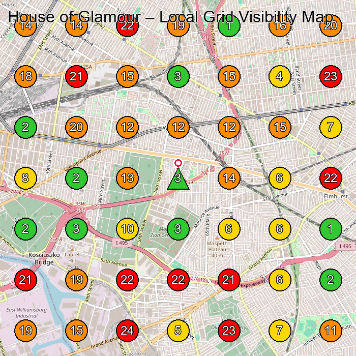 House of Glamour Beauty Salon GeoGrid ranking map for Queens NY
