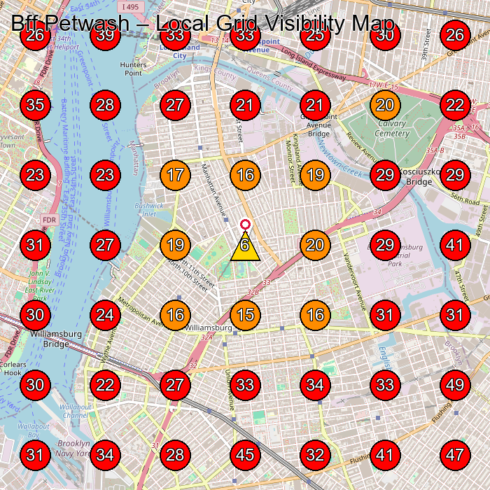Bff Petwash GeoGrid visibility map for Pet Groomer in Brooklyn