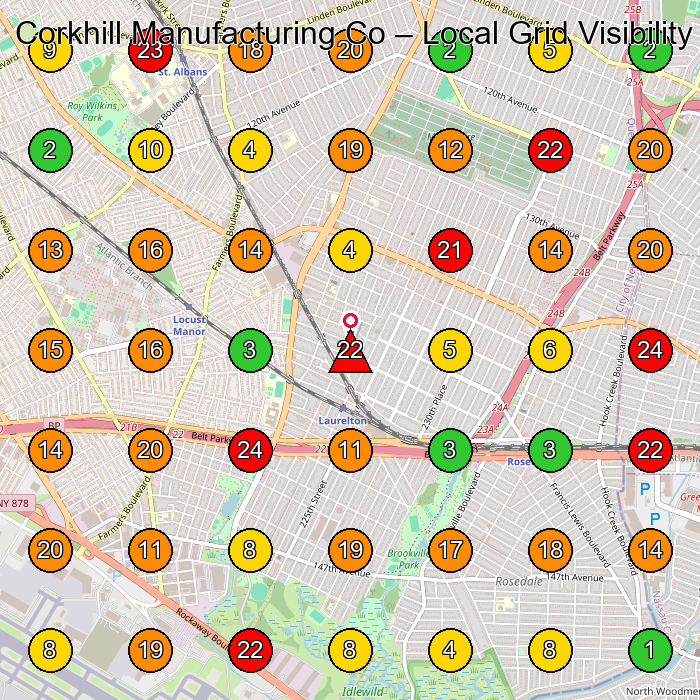 Corkhill Manufacturing Co Window Installation Service GeoGrid ranking map for Queens NY