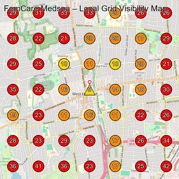FemCare Medspa GeoGrid visibility map for Consignment Shop in Newington