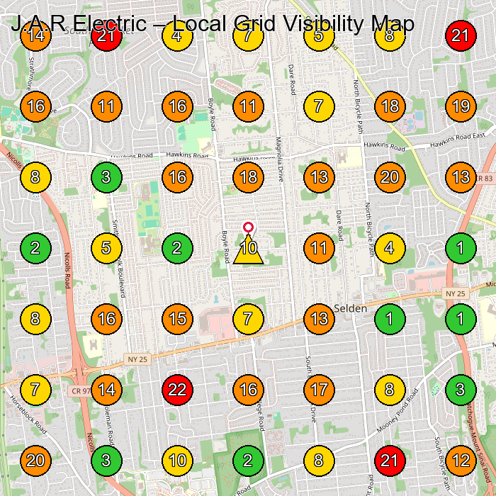 J.A.R Electric Electrician GeoGrid ranking map for Selden NY