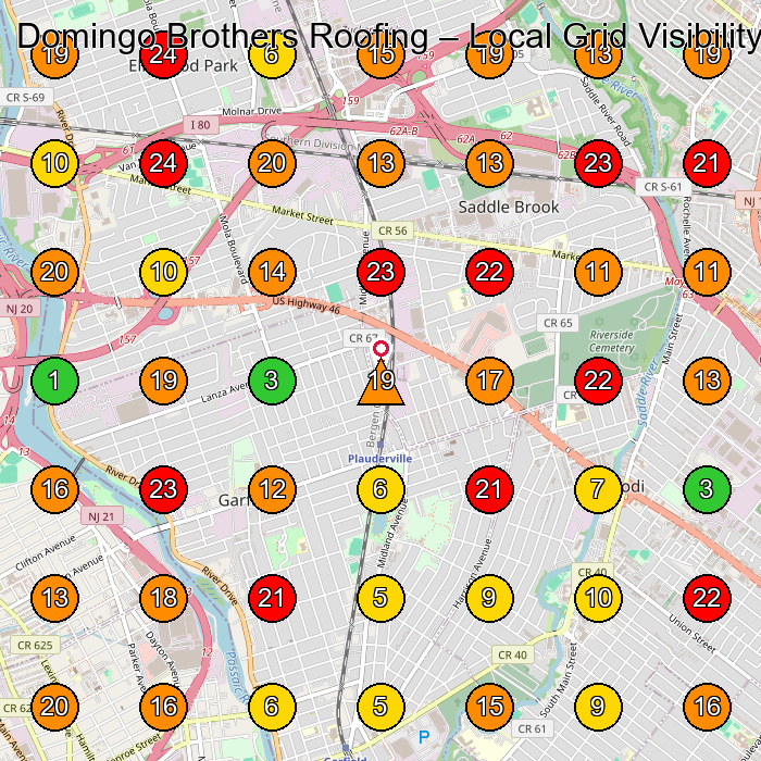Domingo Brothers Roofing Roofing Contractor GeoGrid ranking map for Garfield NJ