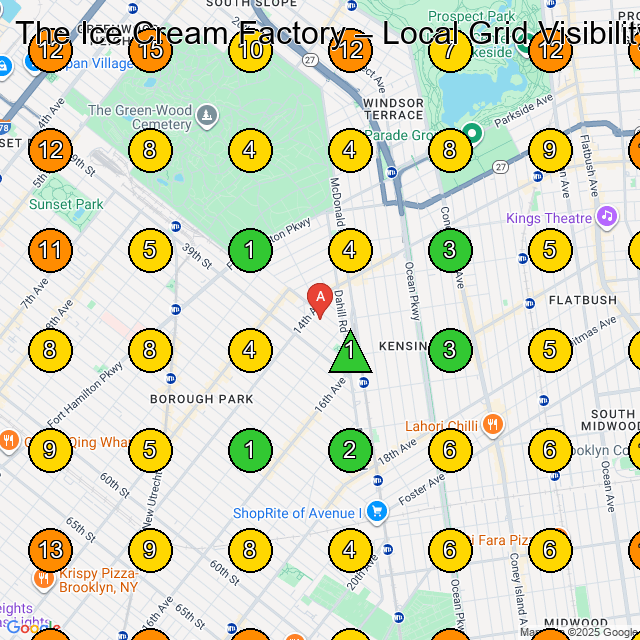 The Ice Cream Factory GeoGrid ranking map for Manufacturer in Brooklyn