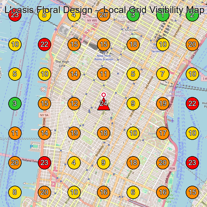 L'oasis Floral Design Florist GeoGrid ranking map for New York NY