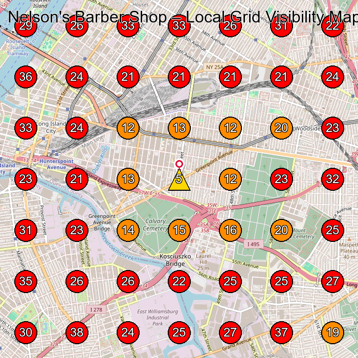 Nelson's Barber Shop GeoGrid visibility map for Barber Shop in Queens