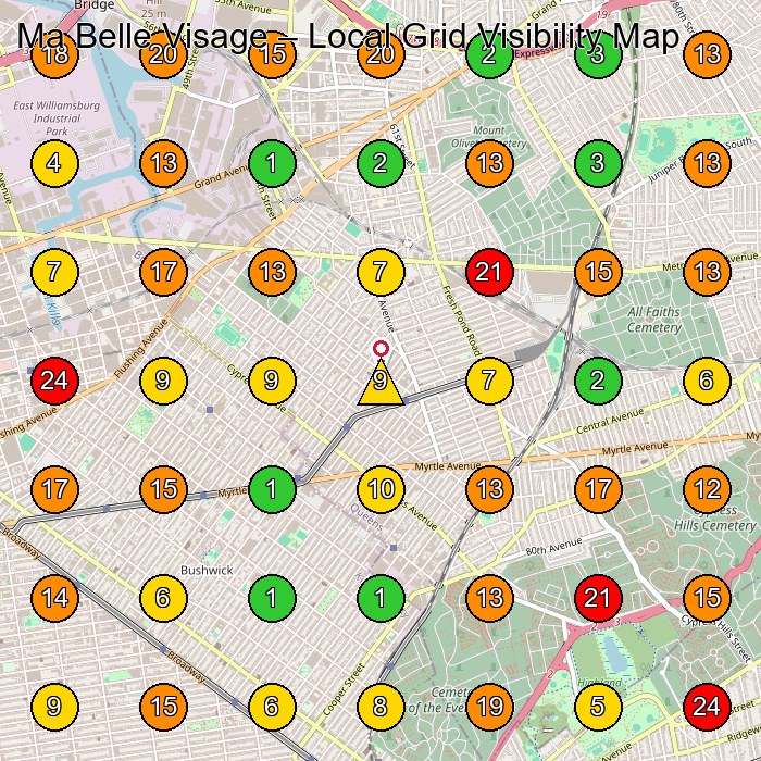 Ma Belle Visage Facial Spa GeoGrid ranking map for Ridgewood NY