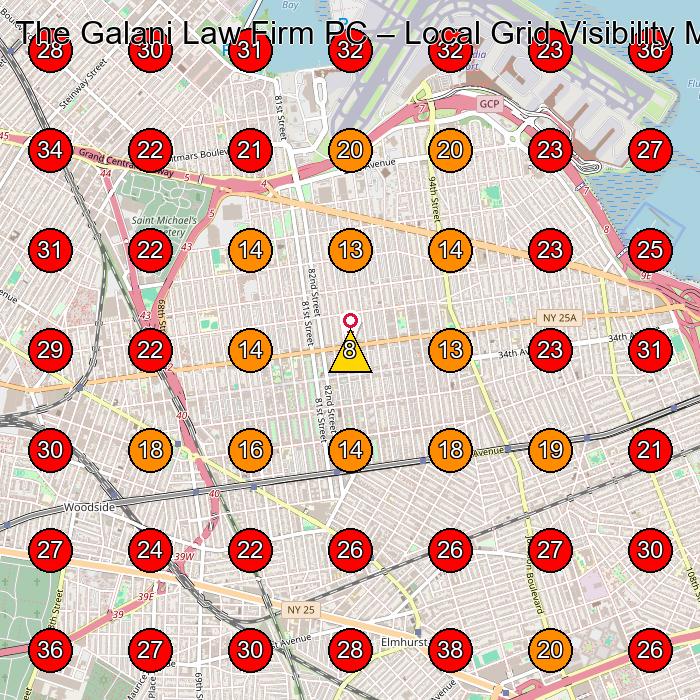 The Galani Law Firm PC GeoGrid visibility map for Legal Services in Queens