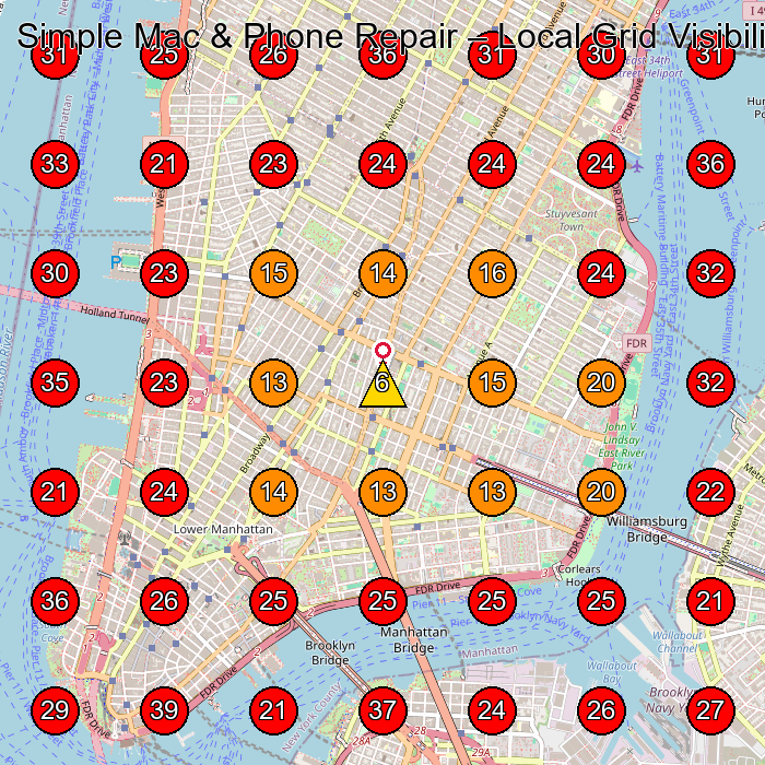 Simple Mac & Phone Repair GeoGrid visibility map for Computer Repair Service in New York
