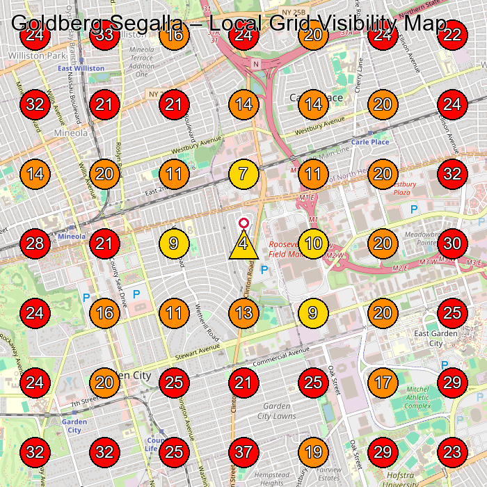Goldberg Segalla GeoGrid visibility map for Law Firm in Uniondale