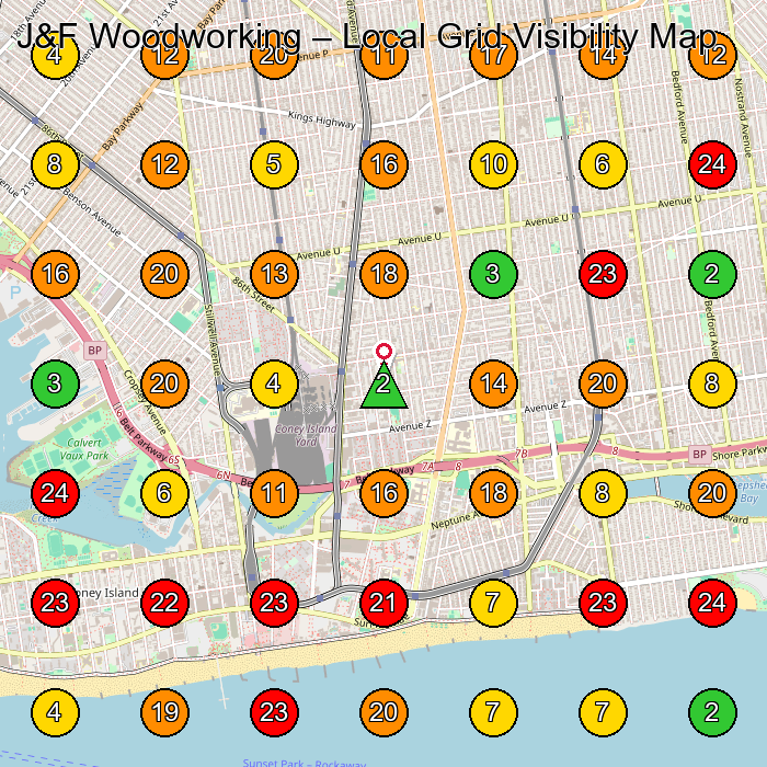 J&F Woodworking Carpenter GeoGrid ranking map for Brooklyn NY