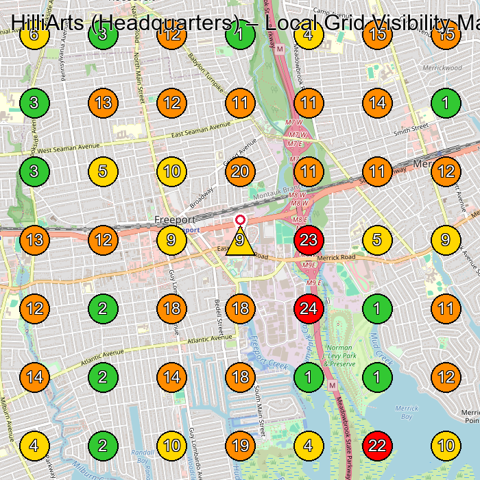 HilliArts (Headquarters) Dance School GeoGrid ranking map for Freeport NY