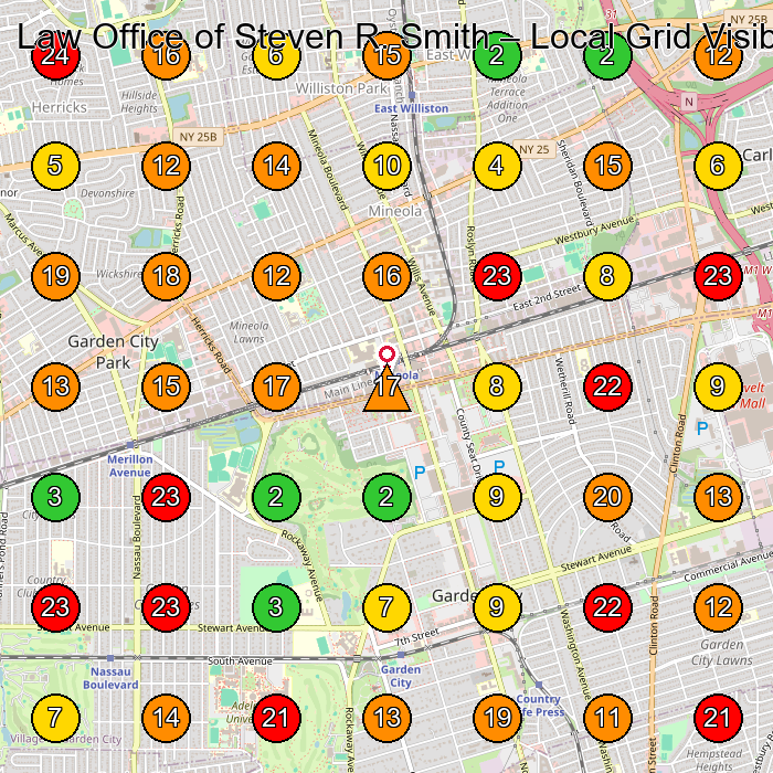 Law Office of Steven R. Smith Personal Injury Attorney GeoGrid ranking map for Garden City NY