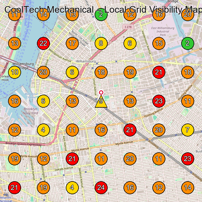 CoolTech Mechanical Hvac Contractor GeoGrid ranking map for Brooklyn NY