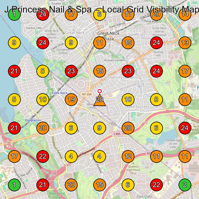 J Princess Nail & Spa Nail Salon GeoGrid ranking map for Great Neck NY