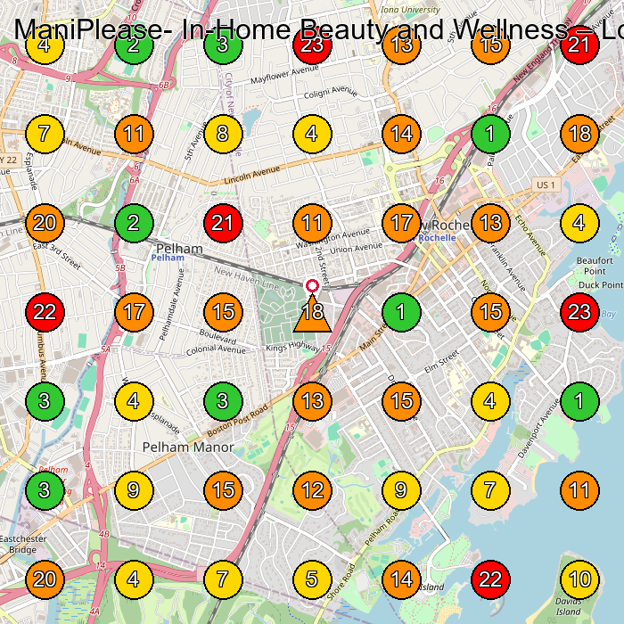 ManiPlease- In-Home Beauty and Wellness Wellness Program GeoGrid ranking map for New Rochelle NY