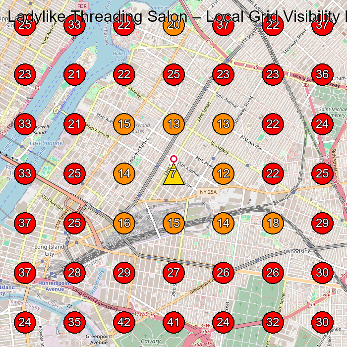 Ladylike Threading Salon GeoGrid visibility map for Beauty Salon in Queens