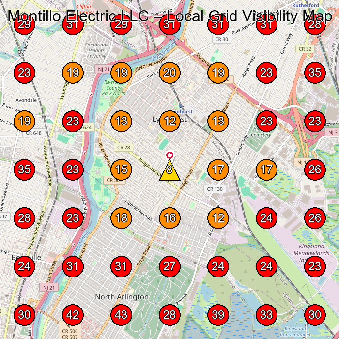Montillo Electric LLC GeoGrid visibility map for Electrician in Lyndhurst