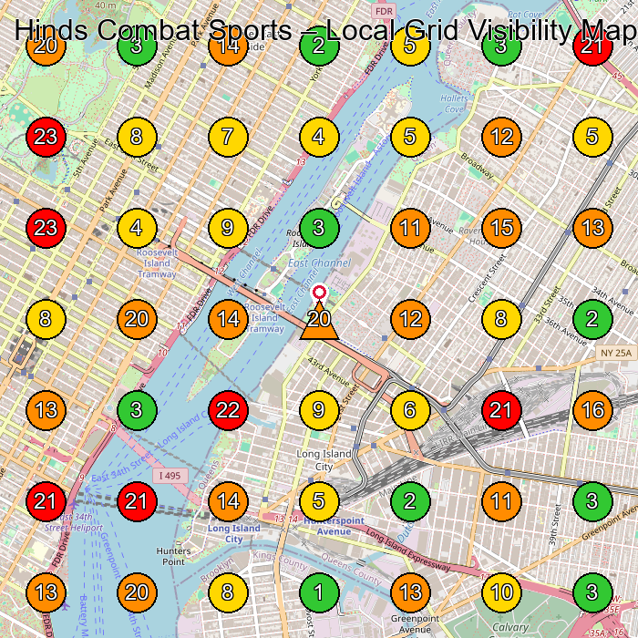 Hinds Combat Sports Martial Arts School GeoGrid ranking map for Queens NY
