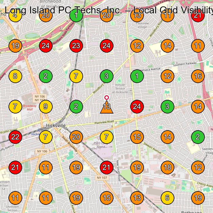 Long Island PC Techs, Inc. Computer Repair Service GeoGrid ranking map for Hicksville NY
